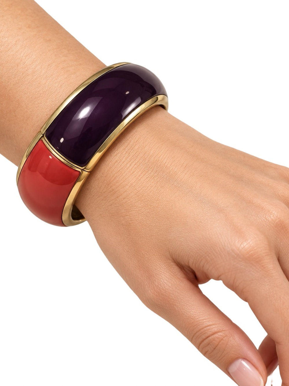Express Colorblock Enamel Hinged Clamper Bangle Plum Coral Gold Tone